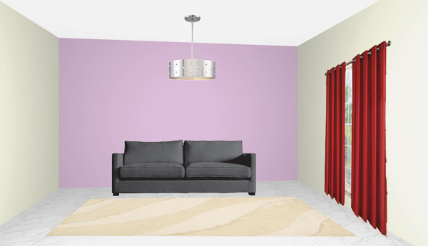 reg rug, red carpet, grey sofa, lilac wall