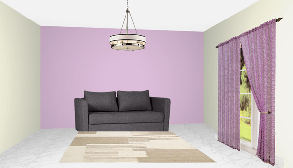 purple curtains, beige rug, grey sofa