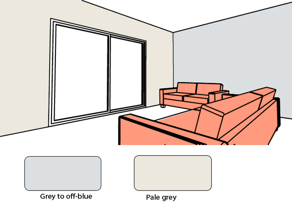 grey in living room, off-blue in living room