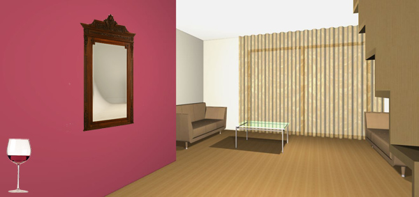 walnut wood carved mirror, hallway area, honey color sofa, wine red paint color hallway