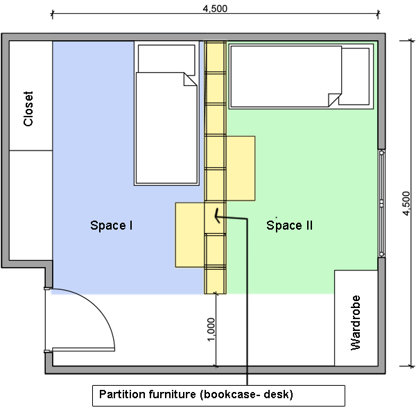 bookcase partition, partition, divide bedroom