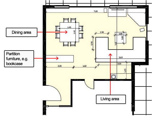 floor plan, room divider, bookcase between entrance and living area