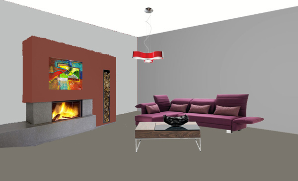 Fedra_living_room02, chimney breast color, red pendant light
