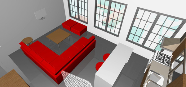 loft, red sofa