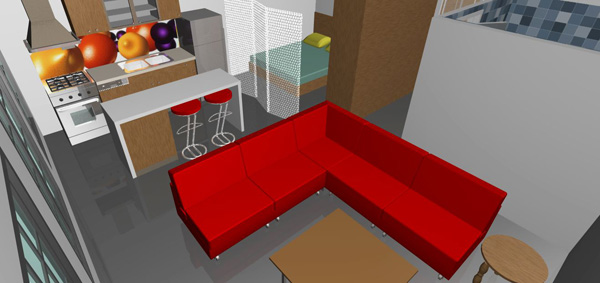 red sofa, loft, floor plan, design, decoration