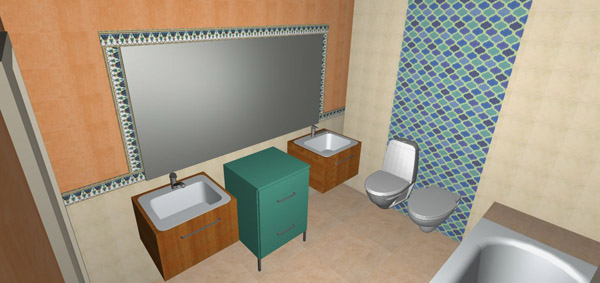 Two sink vanities with a cabinet between them are mounted on the wall opposite the bathtub 