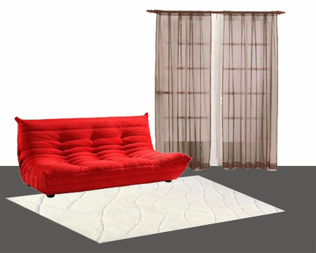 red sofa with grey curtains