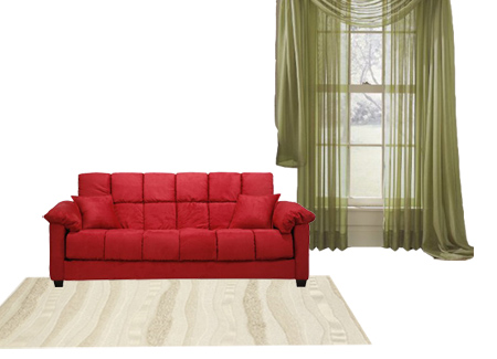 red sofa with olive green curtains