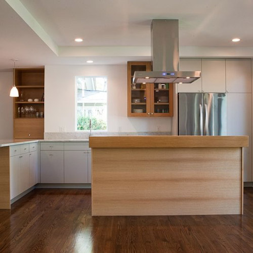 Italian modern kitchen, natural wood and white kitchen cabinets
