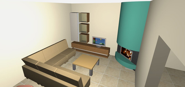 living room corner sofa, beige floor tiles, TV furniture, teal corner fireplace