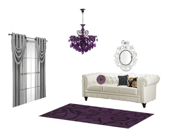 white sofa, purple rug, gray window treatment, white color combinations