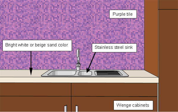 kitchen materials, countertop meterial, beige kitchen countertop, white kitchen countertop, purple tile, wenge kitchen, stainless steel sink