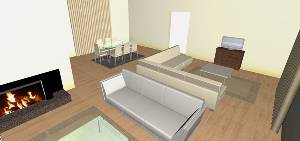 mrilena living room01b, modern fireplace, grey sofa, beige upholstered dining chairs