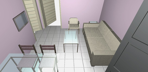 Eleni foyer02, transparent dining table, corner living area, lilac color walls