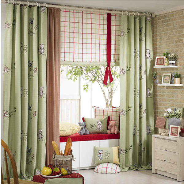 Eco-friendly-Green-Embroidery-Blackout-Curtains-of-Cotton-for-Kids-Two-Panels-C0768, nursery curtains, green kids' curtains