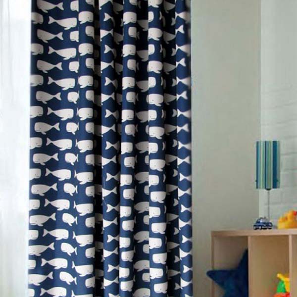 Whale-Blue-and-White-Polyester-Curtains-for-Blackout-Two-Panels-C0744, blackout kids' curtains, blackout chilrdren curtain, navy blue curtains 