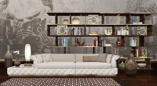 wood bookcase, cream sofa