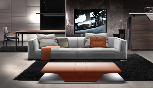 grey leather sofa, brick color ottoman bench