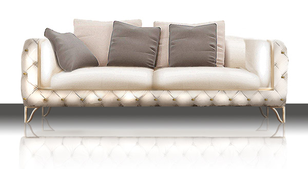 cream leather tufted sofa, taupe cushions
